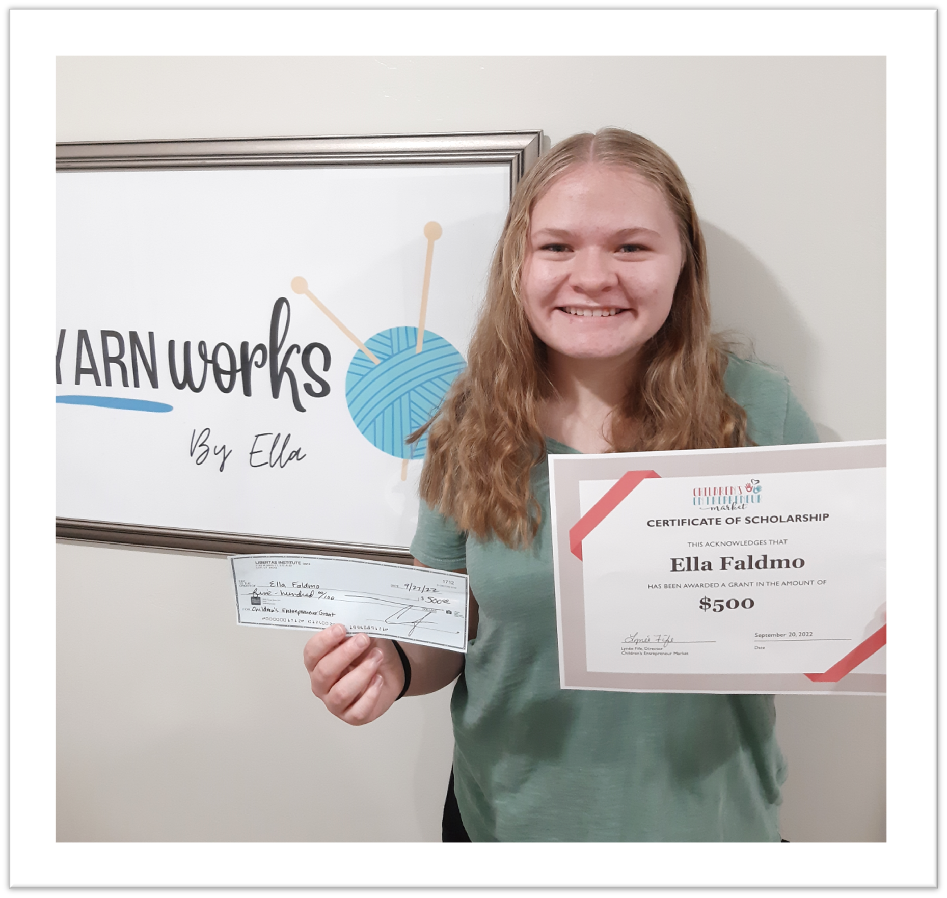 Congratulations to Ella on being awarded a $500 Scholarship to invest in her business, Yarnworks!